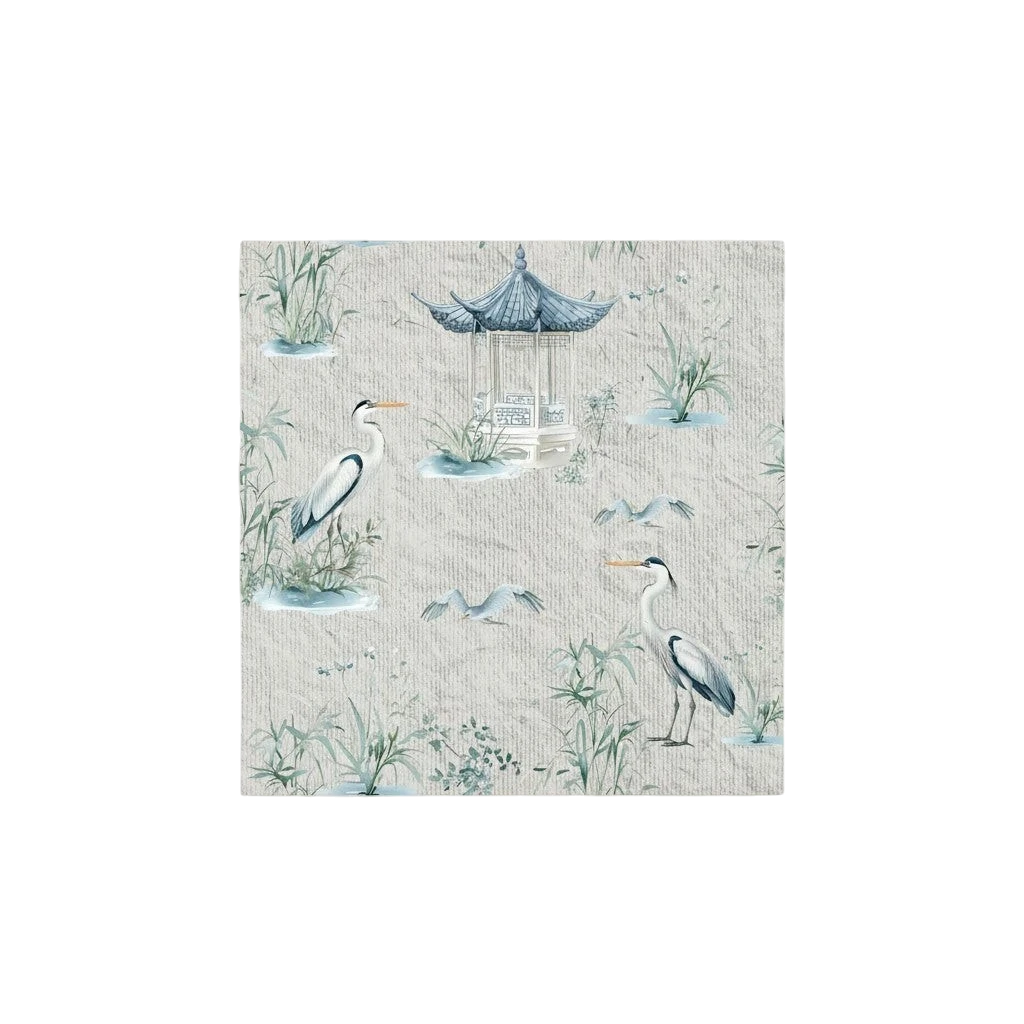 Laura Botanical Atelier Heron Pagoda Wallpaper: обои с цаплями, пагодой и зеленью в азиатском стиле. Голубые, серые, бежевые тона.